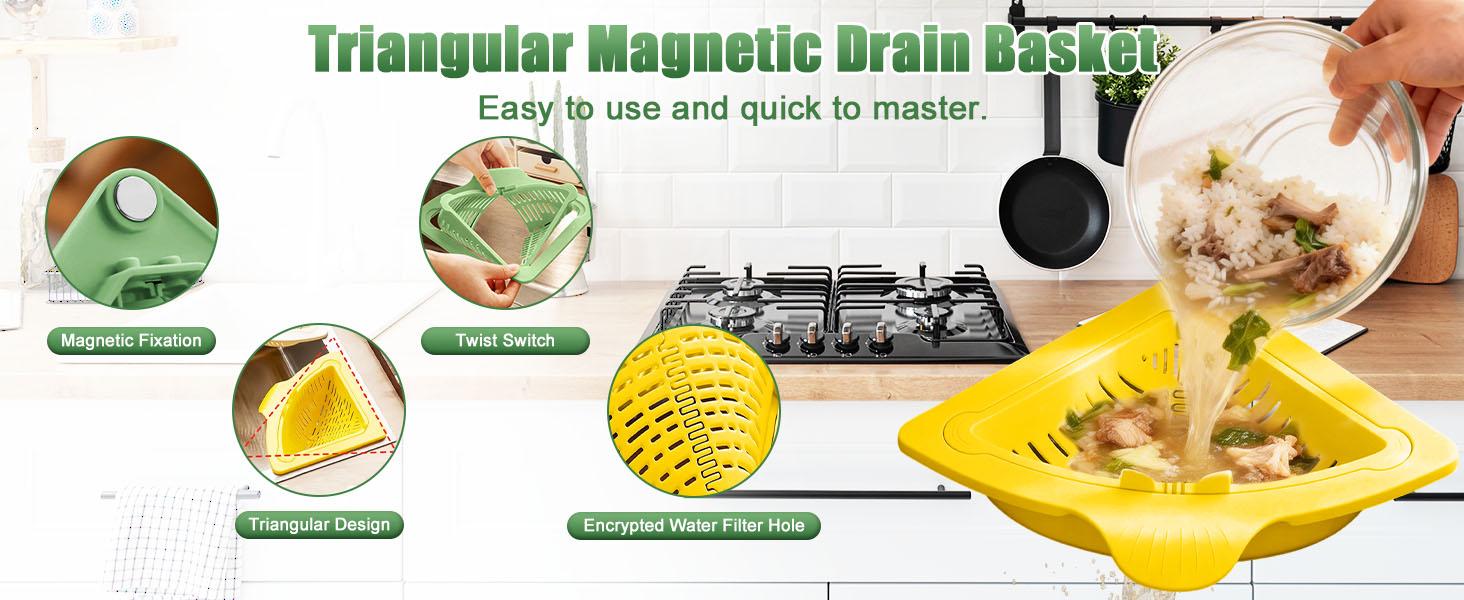 2Pcs Magnetic Triangular Sink Drain Basket, Punch-Free Corner Drain Strainer with Twist-Open Bottom, Space-Saving Kitchen Sink Organizer
