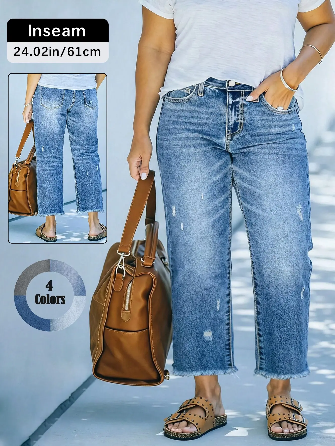 Women's Plus Size Mid-Waist Ripped Jeans, American Vintage Washed Edge Design, Casual Daily Wear, Loose-Fitting, All Seasons, Denim