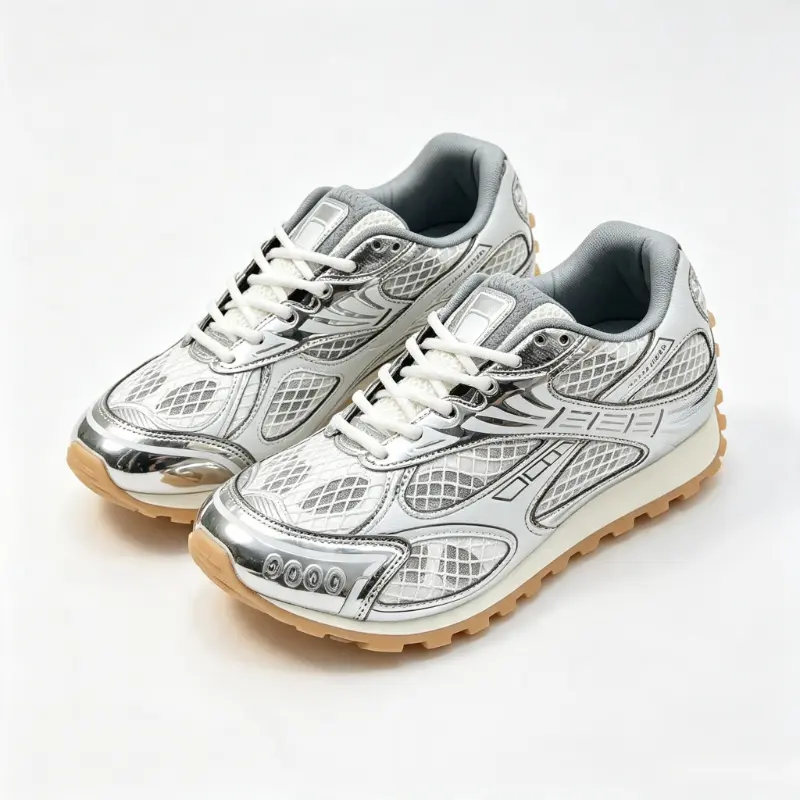 Retro Mesh Running Sneakers, Lace Up Thick-Soled Height-Increasing Fitness Footwear, Breathable Mesh Metallic Panel Casual Walking Trainers for Daily Street Outfits