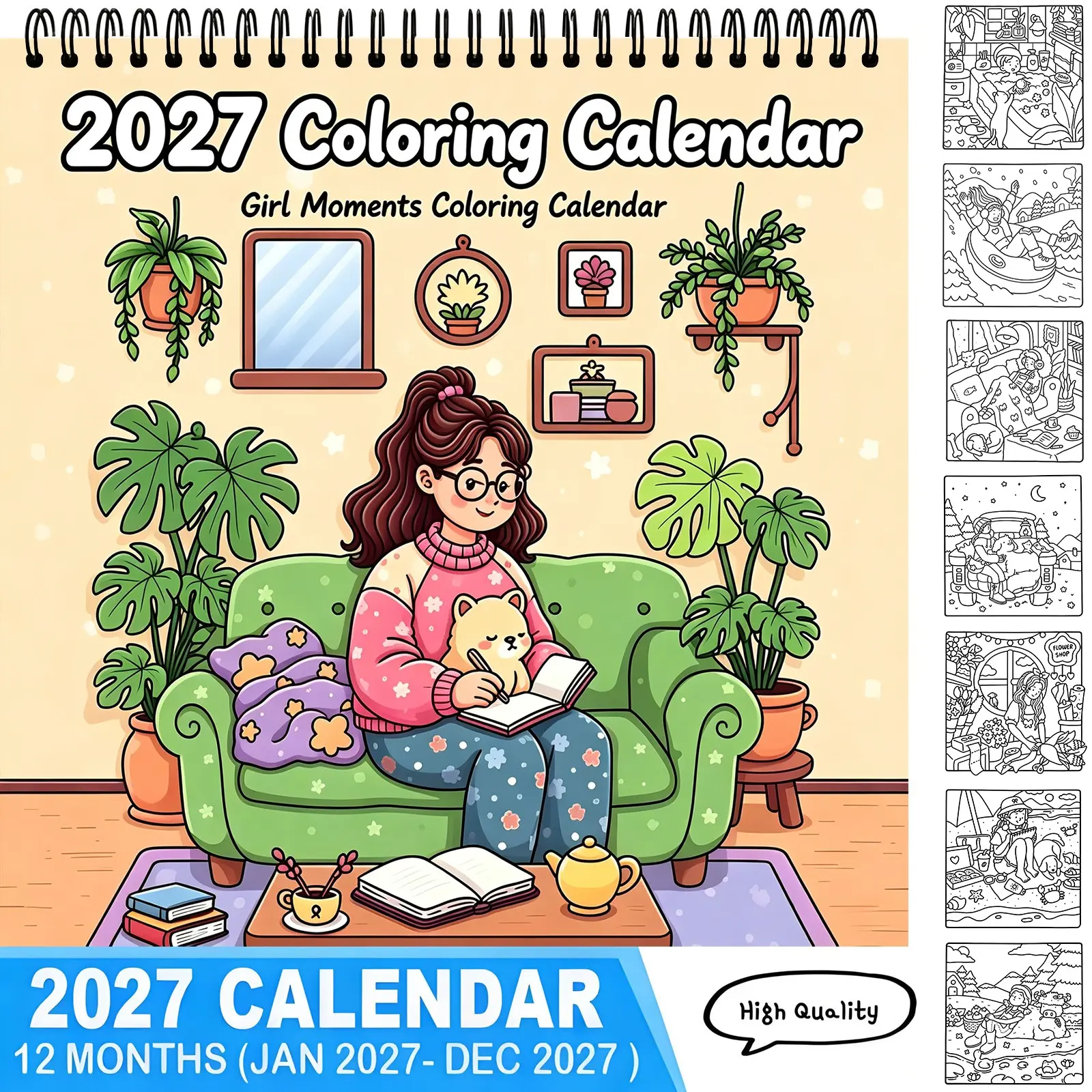 2027 Girl Moments DIY Coloring Calendar, Cozy Girl Aesthetic Self‑Care Adult Coloring Book,12‑Month Stress‑Relief Handcraft Art, Warm Lifestyle Creative Gift for Girls & Women, Calming Self‑Care Novelty New Year Gift,Coloring Page Calendar