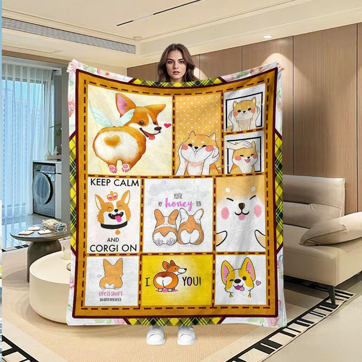 Cute Corgi Patchwork Flannel Blanket, Multifunctional Camping Travel Throw, Room Decoration Blanket, All Seasons Gift Blanket
