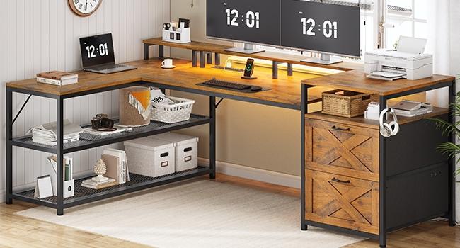 SEDETA 67" L Shaped Desk with Drawers, Computer Office Desk with Storage Shelves & Power Outlet, Reversible Gaming Desk with LED Lights for Home Office