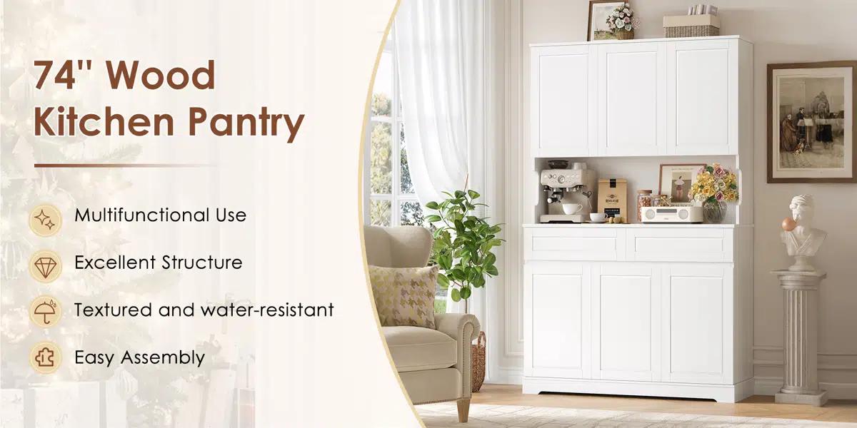 FOTOSOK 74'' Pantry Cabinet, Wood Kitchen Pantry with Microwave Shelf and Adjustable Shelves, Tall Kitchen Hutch with 6 Doors and 2 Drawers