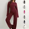 【Black Friday】Women's New Fall Solid Fitted Round Neck Flare Sleeve Top & Elastic Waist Straight Leg Pants Loungewear Homewear Set, Long Sleeve Casual Basic Fashion for Daily Wear