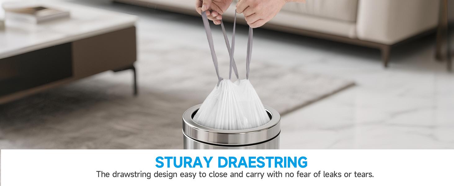 180 Counts Drawstring Small Trash Bags 2-4 Gallon, 4 Gallon Mini Trash Bag Extra Strong, Small Garbage Bags Unscented, Stretchy, Quick Cinch for Bathroom Bedroom Office,White