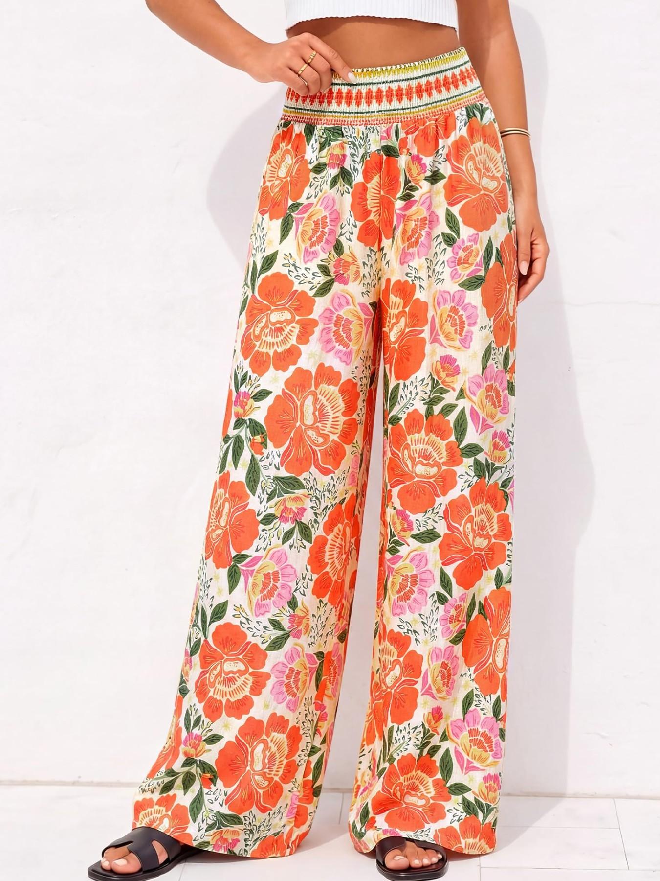 New Summer Bohemian Casual Comfortable High-Waisted Elastic Loose Wide-Leg Bottom Pants, Printed Floral Long Trouser Pants for Women, Essential for Daily and Vacation Wear
