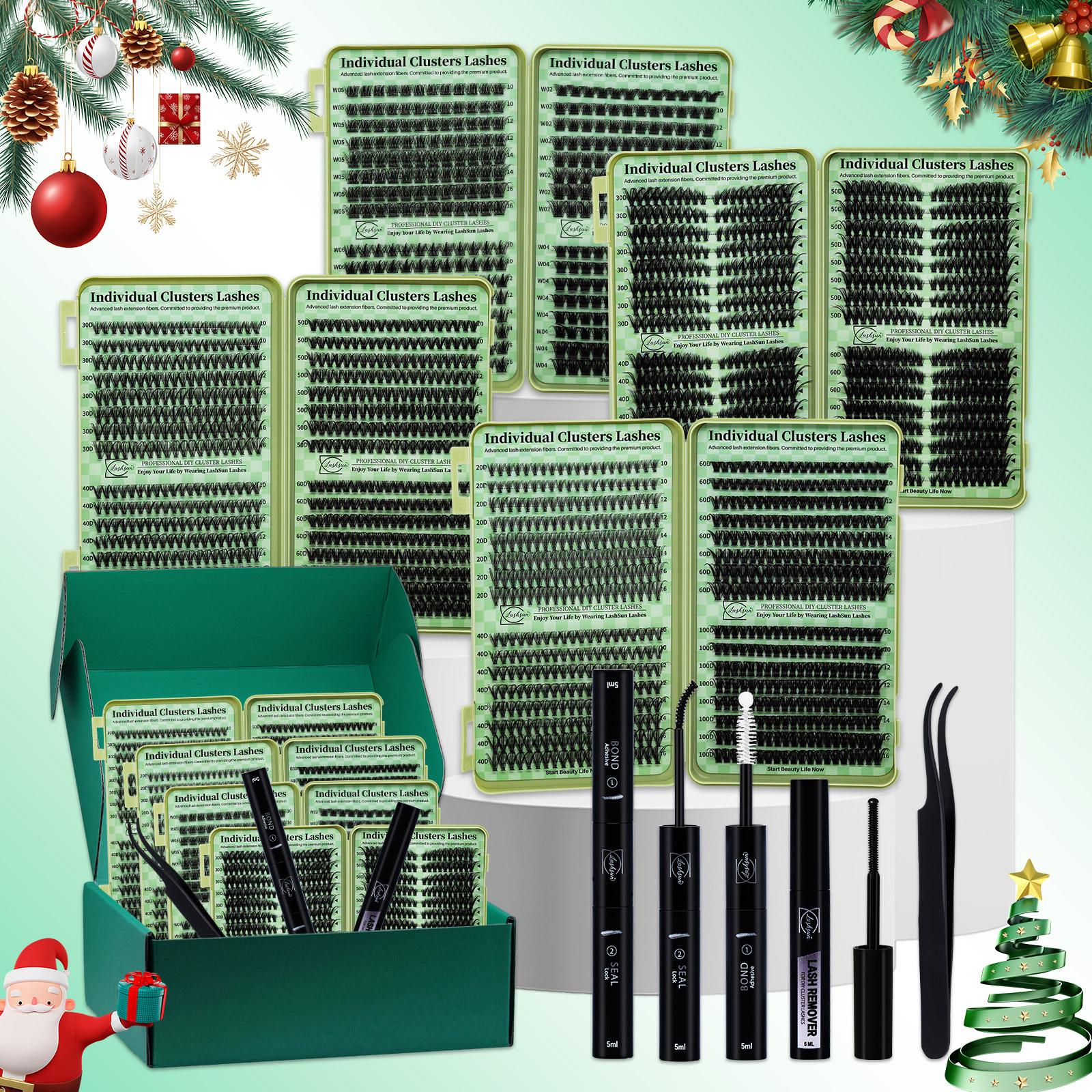 Christmas Gift Box, 2304PCS Individual Lashes Eyelash Extensions 14 Styles Mixed 10-16mm Cat/Wispy/Volume Lashes Kit with Bond&Seal Lash Remover Tweezers, Perfect for Beginners & Proficient, DIY at Home Easily, Soft Comfortable Easy Apply For Makeup Daily