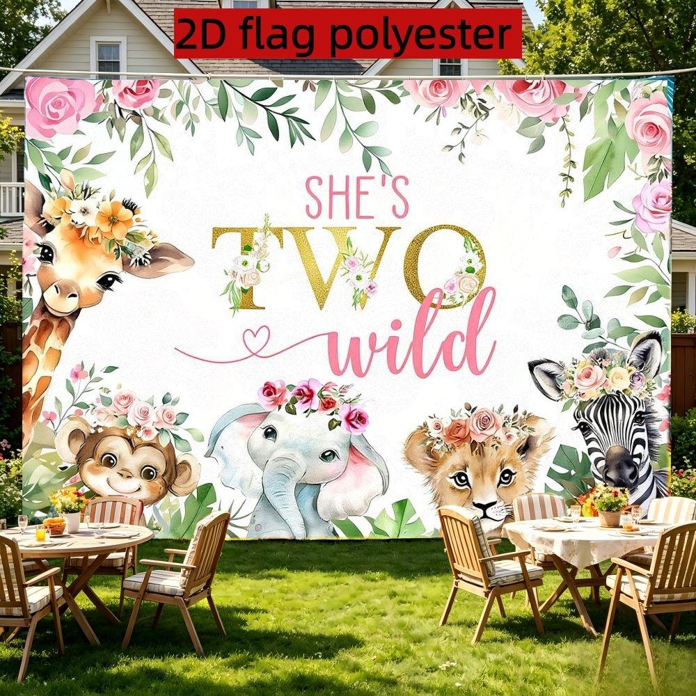 2D Flat 1PC Polyester She's Two Wild Backdrop Safari Animal Watercolor Floral Decor for Indoor & Outdoor Themed Party, Jungle Gathering, Photo Booth, Wall Decor, Home Decoration, Event Background, Available in Multiple Sizes