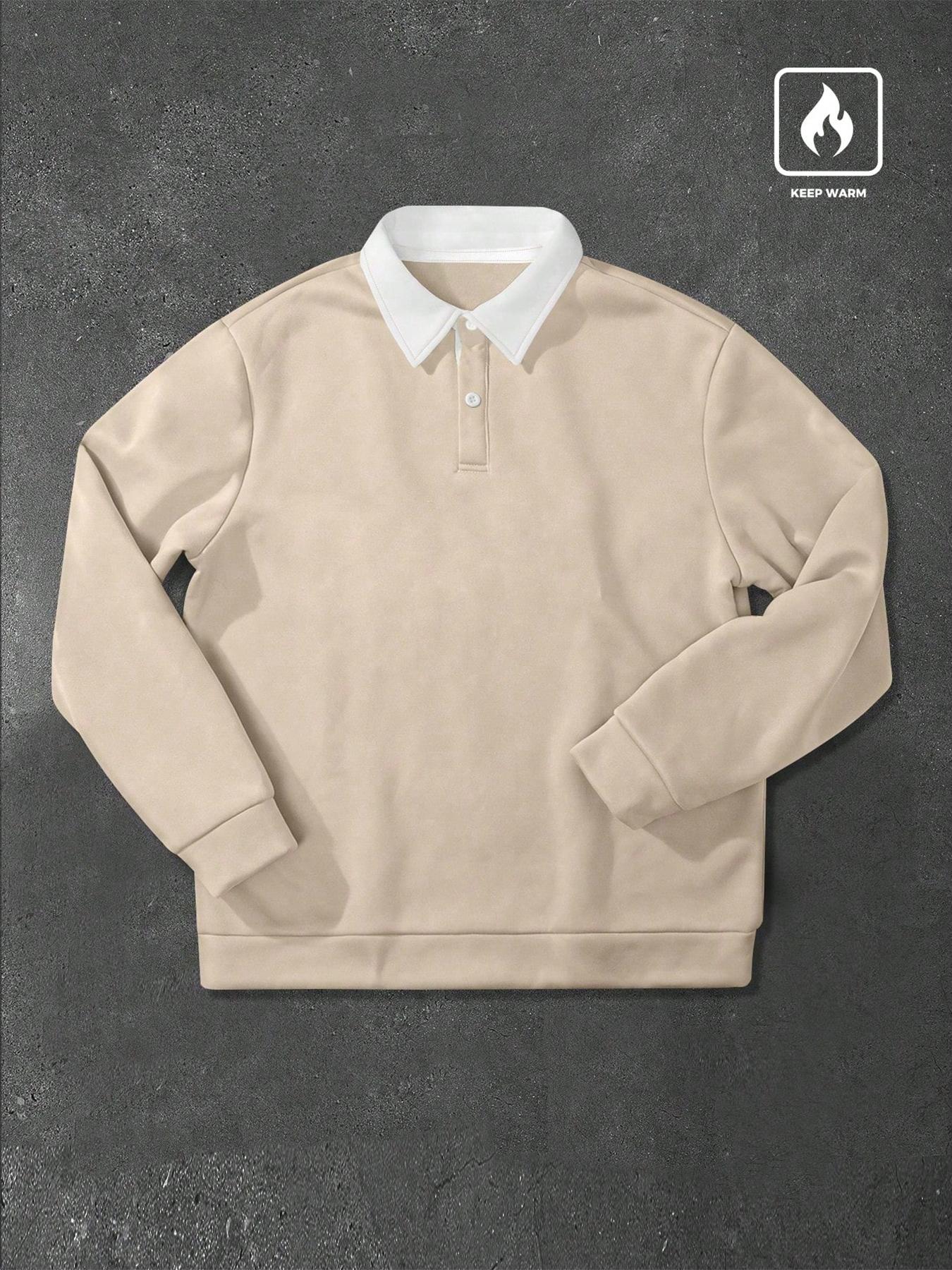 Men's Loose Fit Colorblock Collar Long Sleeve Graphic Polo Shirt, Casual Street Style, Fashionable Outdoor Sports Wear, All Seasons