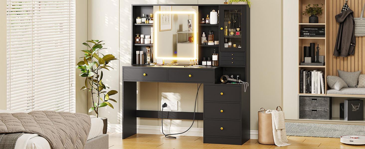 Sikaic  LED Makeup Vanity with Charging Station Jewelry Box Sliding Mirror Drawers Black Vanity Desk with Adjustable Lights