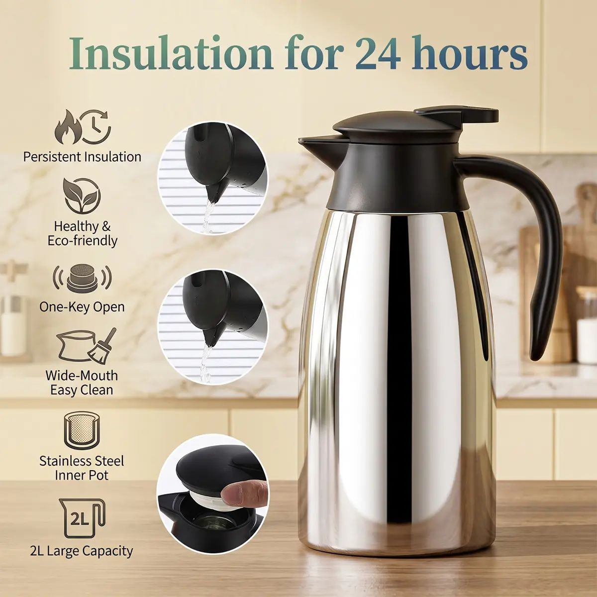 Stainless Steel Thermal Coffee Carafe, 68 Oz (2L) Vacuum Insulated Leakproof Lid Beverage Dispenser for Hot Serving, Silver
