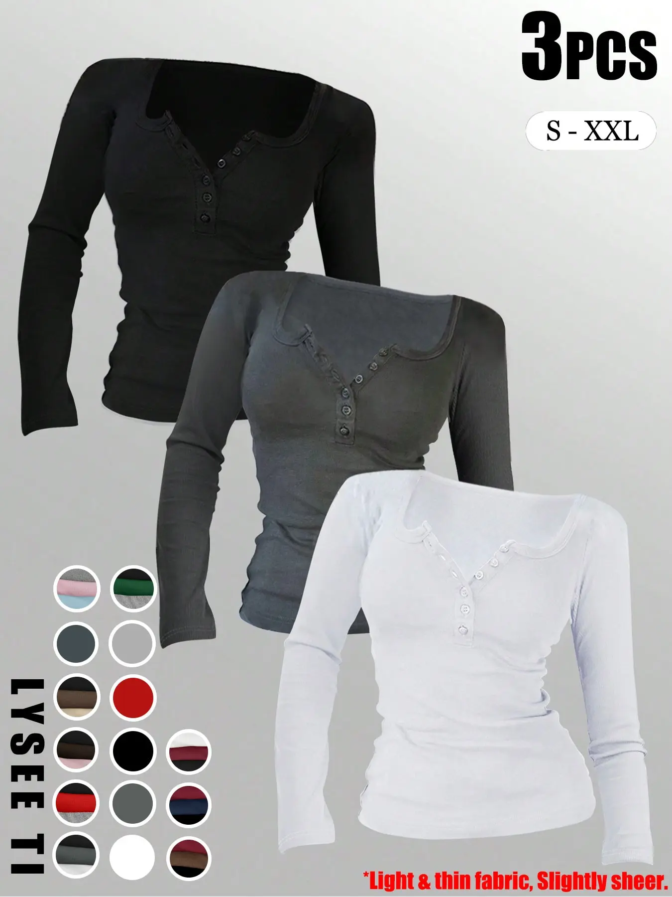 【Black Friday】1pc/3pcs/5pcs Women's Casual Fashion Sporty Multi-Button Henley-Neck Solid Color Long-Sleeve Top, Mix & Match for Autumn & Winter