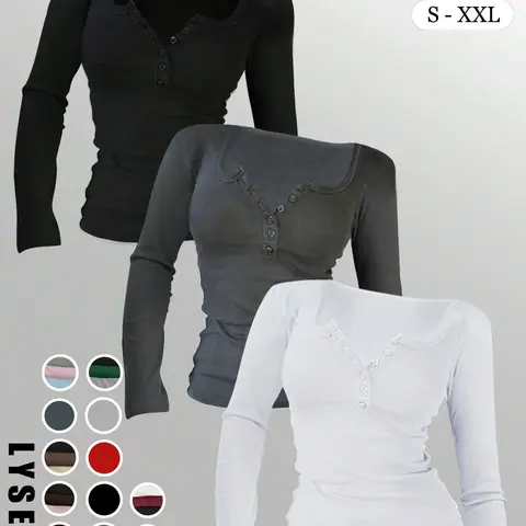 【Black Friday】1pc/3pcs/5pcs Women's Casual Fashion Sporty Multi-Button Henley-Neck Solid Color Long-Sleeve Top, Mix & Match for Autumn & Winter