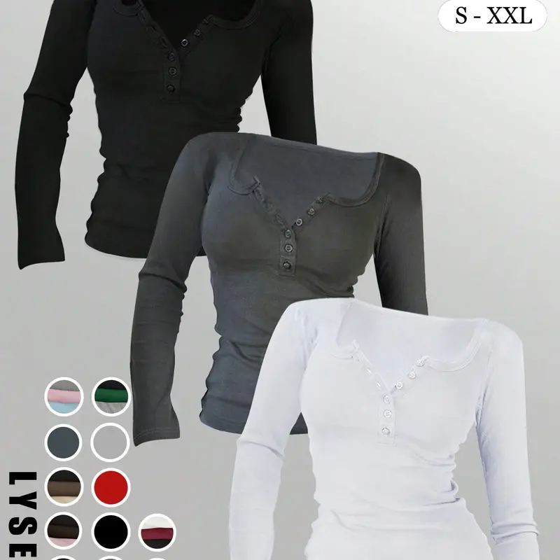 【Black Friday】1pc/3pcs/5pcs Women's Casual Fashion Sporty Multi-Button Henley-Neck Solid Color Long-Sleeve Top, Mix & Match for Autumn & Winter