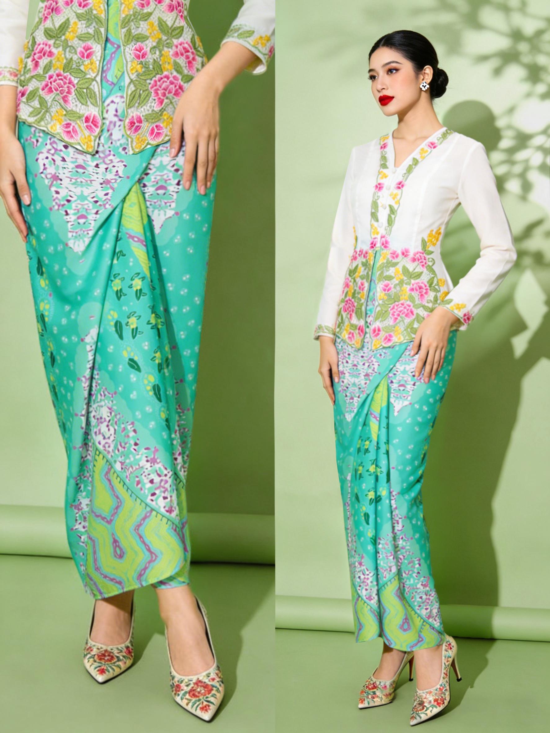 Modern kebaya, women's midi skirt, wrap dress, sarung women's style, Hari Raya Haji 2026, modern baju kurung, festive clothing, engagement festive clothing. Slim cut that accentuates the waist, suitable for women to wear.
