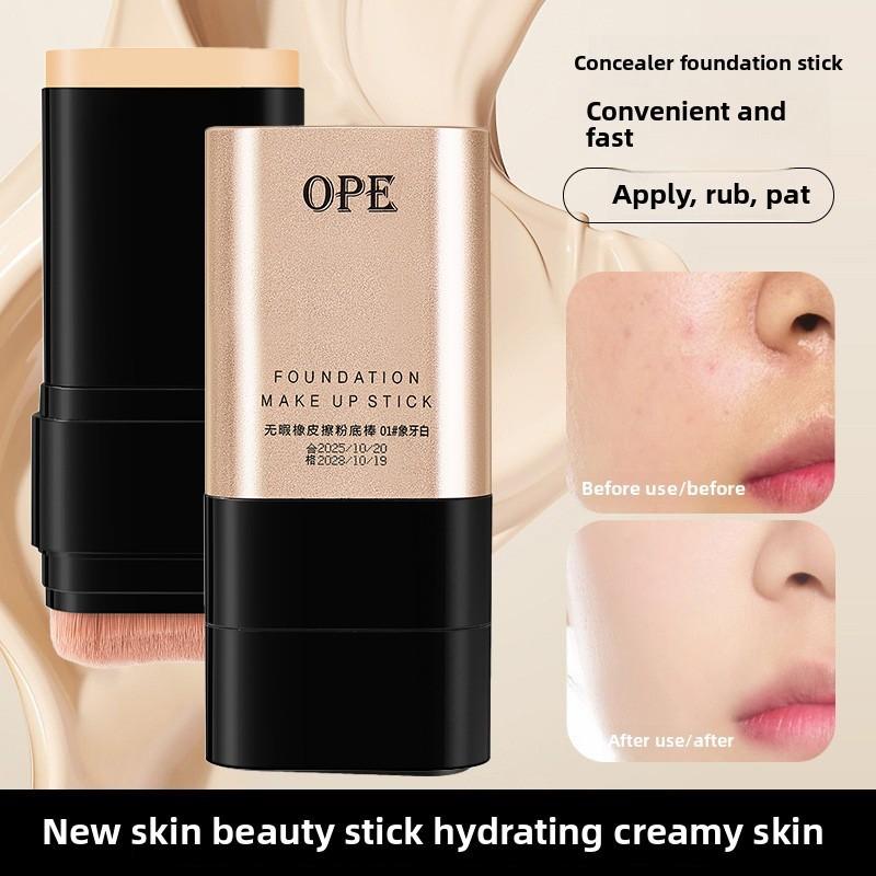 Dual-Ended Eraser Foundation Stick, Multi-Functional with Brush Head, Lightweight Foundation, Conceals Blemishes, Brightening, Natural Matte Finish