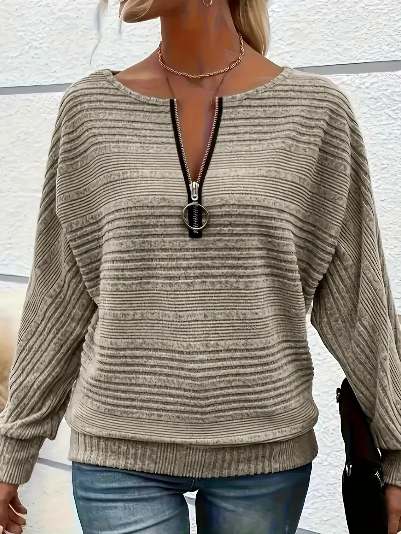 Women's Plus Size Long Sleeve Top, French Vintage Knit Sweater, Batwing Sleeve, Half-Zip, Loose Fit, Fall Daily Wear, Comfortable & Stylish