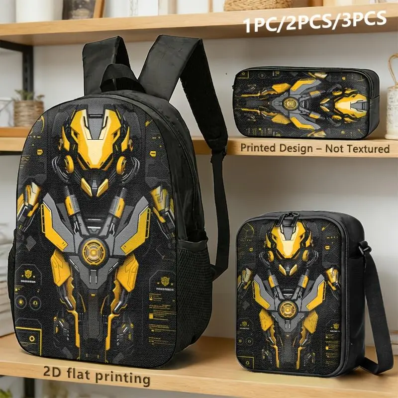 Sci-Fi Futuristic Print Travel Backpack Set - 1/2/3-Piece Options, 2D Flat Printing, Black & Yellow Design, Waterproof Bag for Travel