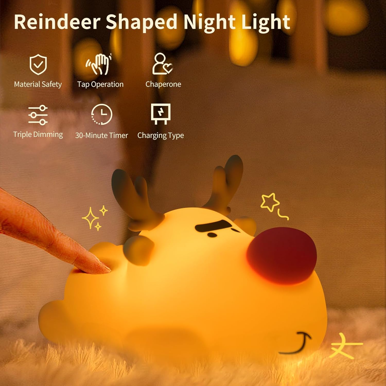 Baby Night Light, 3-Level Adjustable Charging Nursery Lamp, Timer Reindeer Touch Bedside Lamp, Baby Room Decor, Suitable for Breastfeeding Infants
