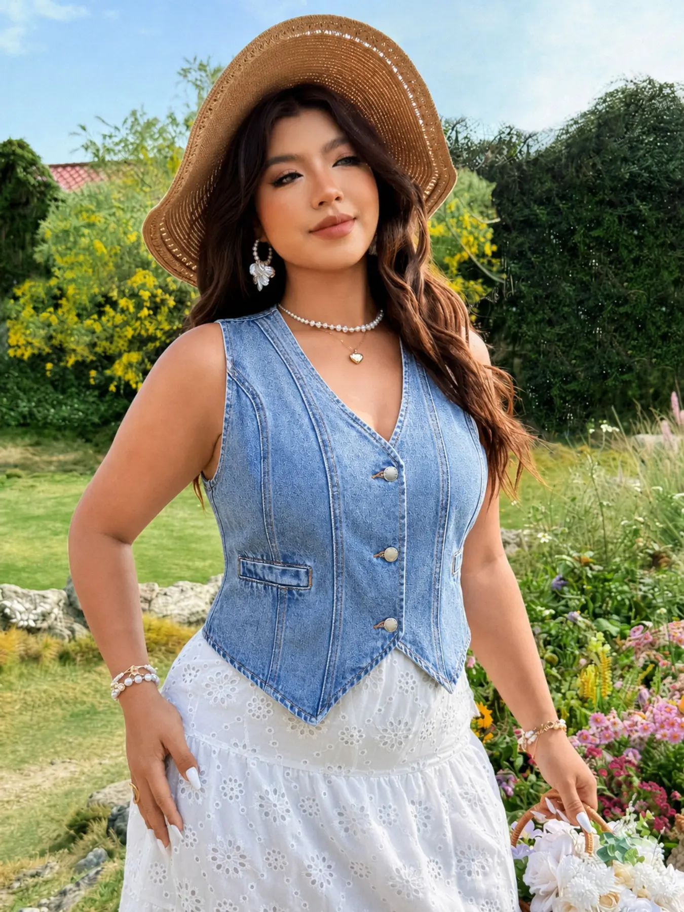 Plus Size Women's Vintage Washed Denim Jacket, V-Neck Sleeveless Outer Vest, Casual Everyday Daily Wear, Solid Pattern, Button Closure