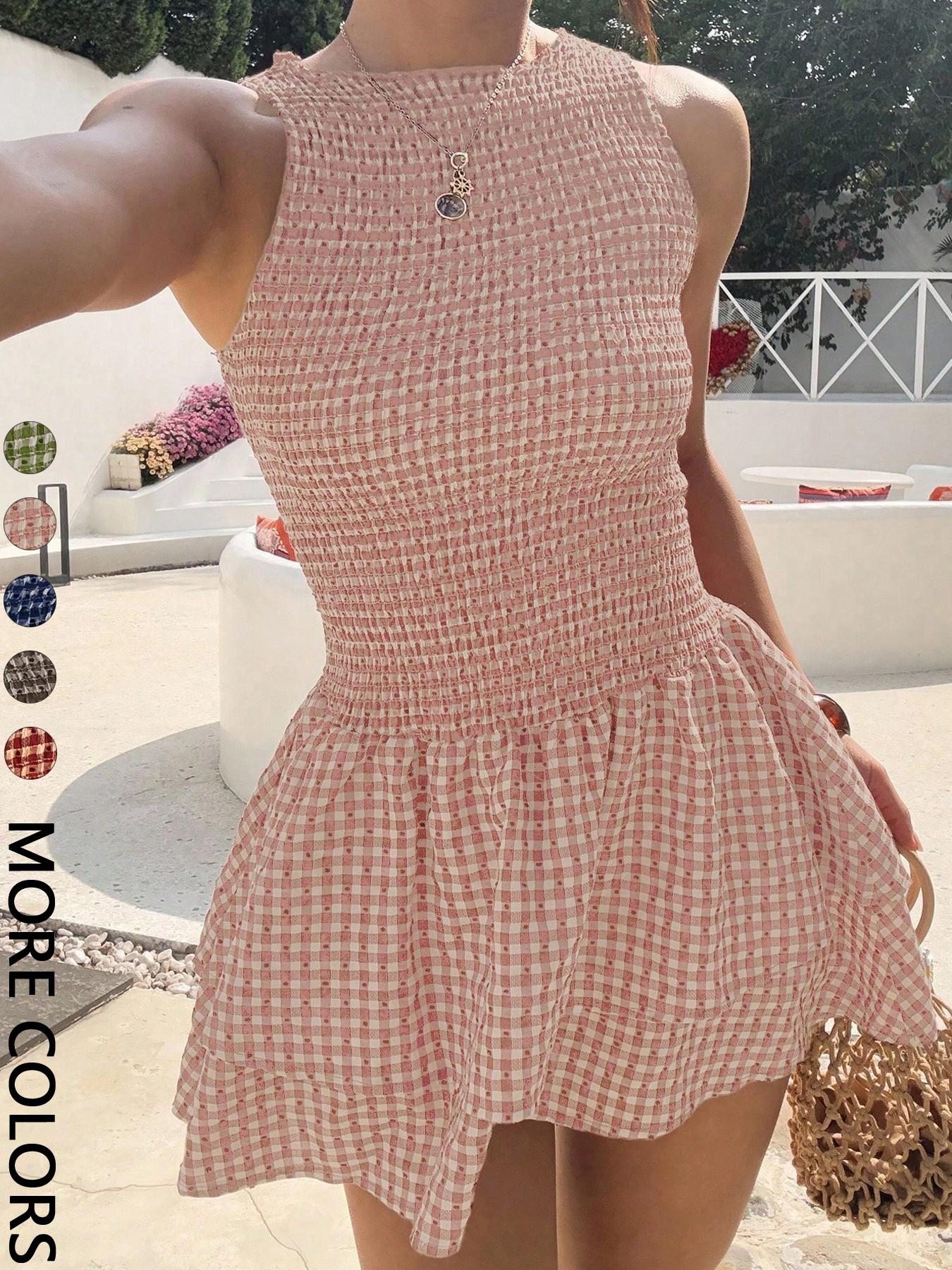 Women's Casual Sleeveless Short Dress, Plaid Pattern, Fitted Style, Perfect for Daily Wear, Comfortable and Stylish