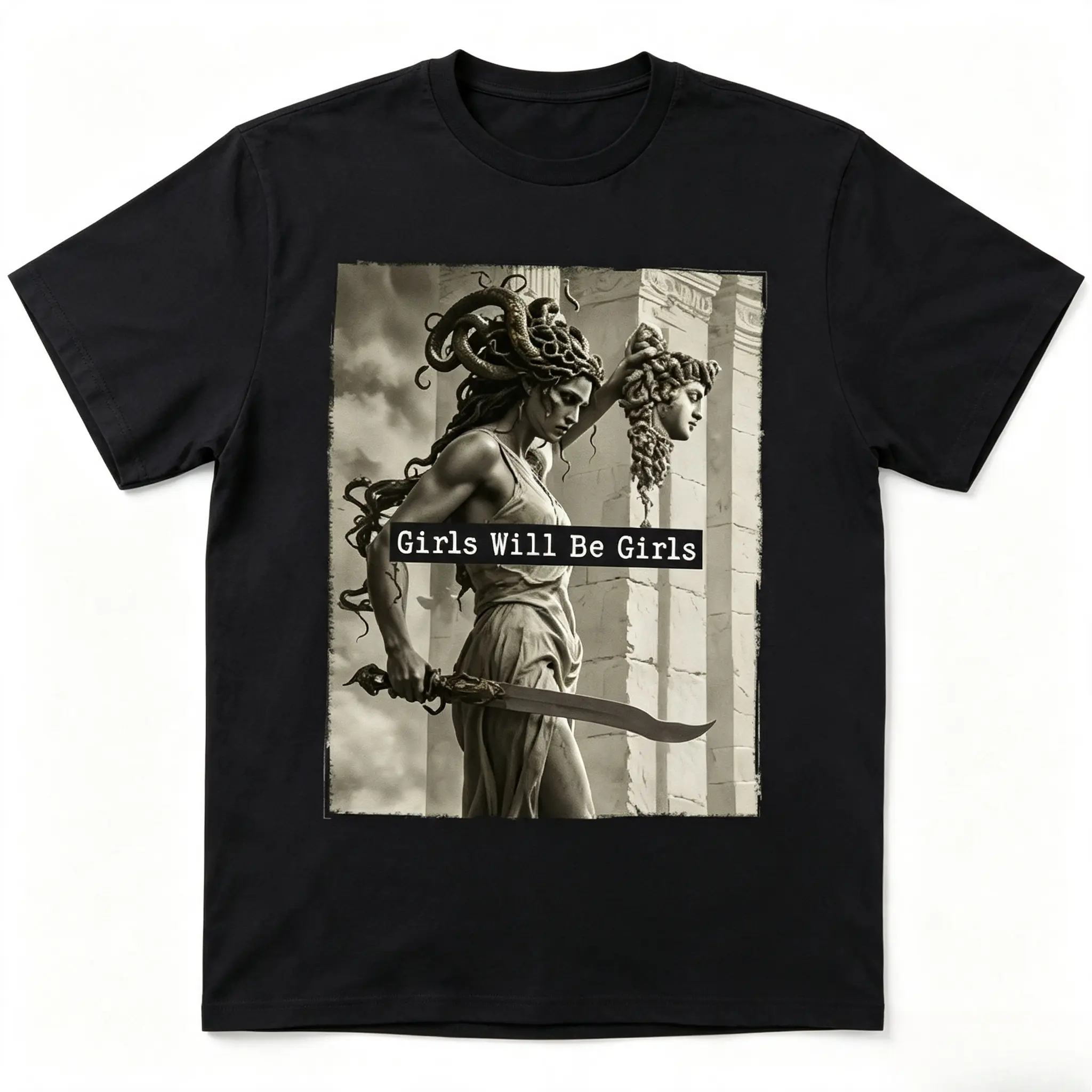 Medusa Girls Will Be Girls Greek Mythology Graphic Cotton T-Shirt, Oversized Comfort Fashion Outfit, Powerful Goddess Vintage Casual Top, Perfect Holiday & Valentine’s Day Gift for Lovers, Family, Friends for Him Her