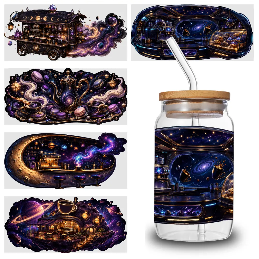5 Sheets Cosmic Cafe UV DTF Stickers Self-Adhesive UV DTF Transfer Stickers - 5pcs for Glass Jars, Bottles, Cups - Permanent Decoration Suitable for DIY Crafts, Wine Bottles, Water Bottles, Tea Cups