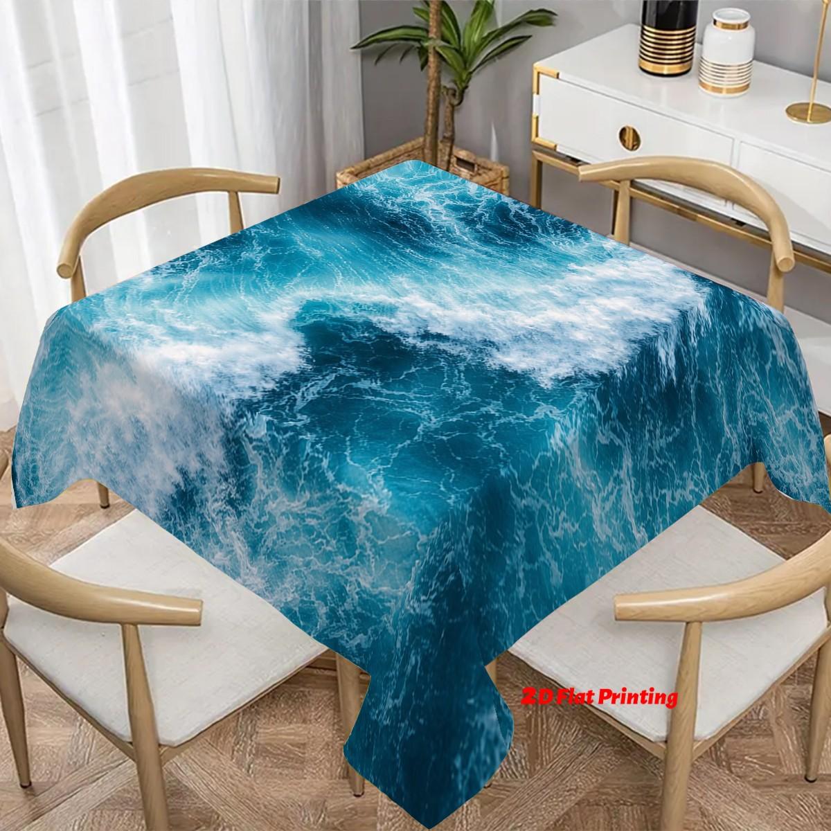 Blue Ocean Wave Rectangular Tablecloth, Thick Polyester, Machine-Made, Durable & Stylish, Party Decor, Coastal Aesthetic, Easycare Fabric