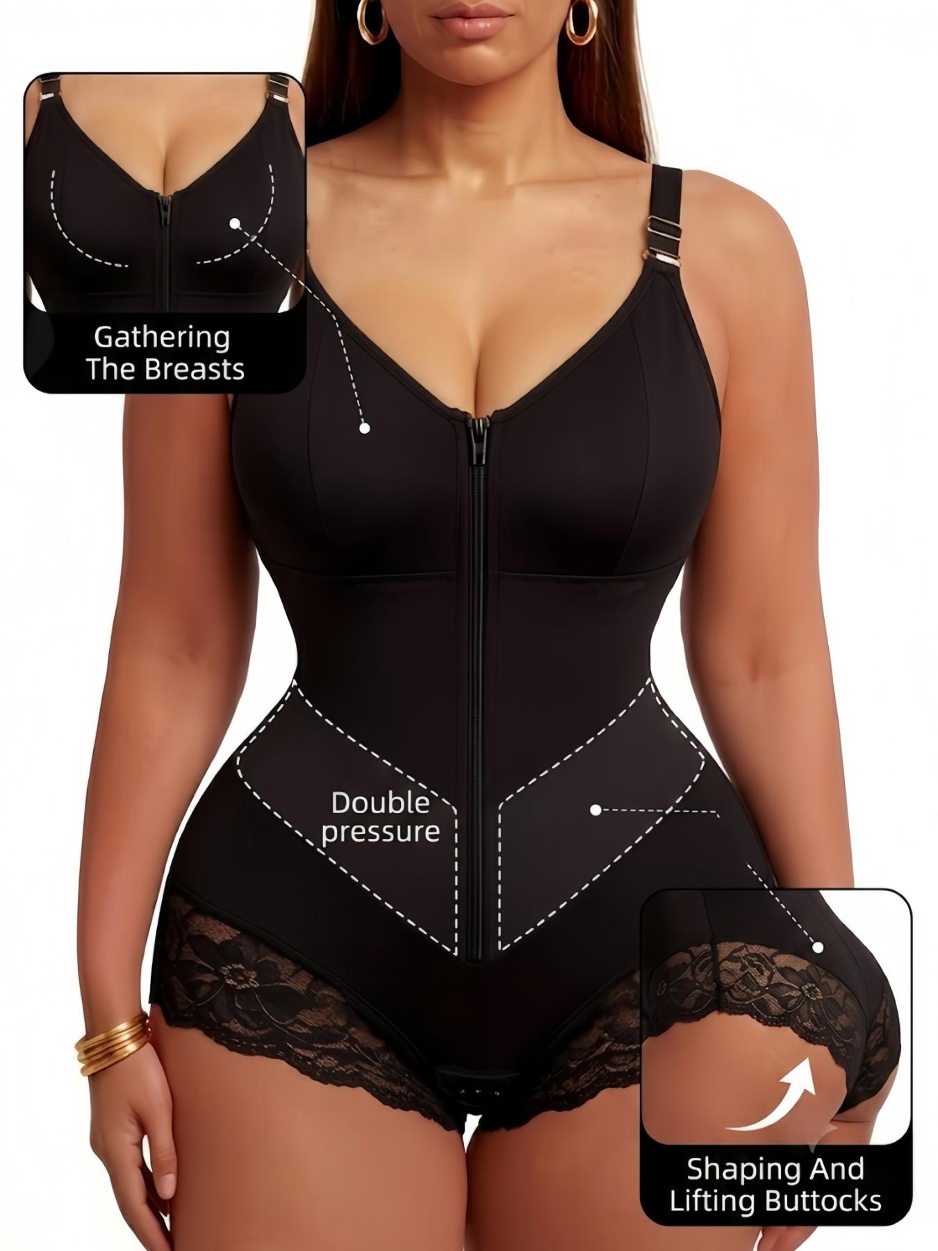 Colombian Shapewear, Fajas, Women's Solid Color Lace Trim Anti-Slip Leg Hem Jumpsuit, Front Zipper V-Shaper Belt Shapewear Bodysuit, Natural Lift Body Shaper, Double Compression Contouring Romper, Waist Trainer, Suitable For Training Or Sports, Aesthetic