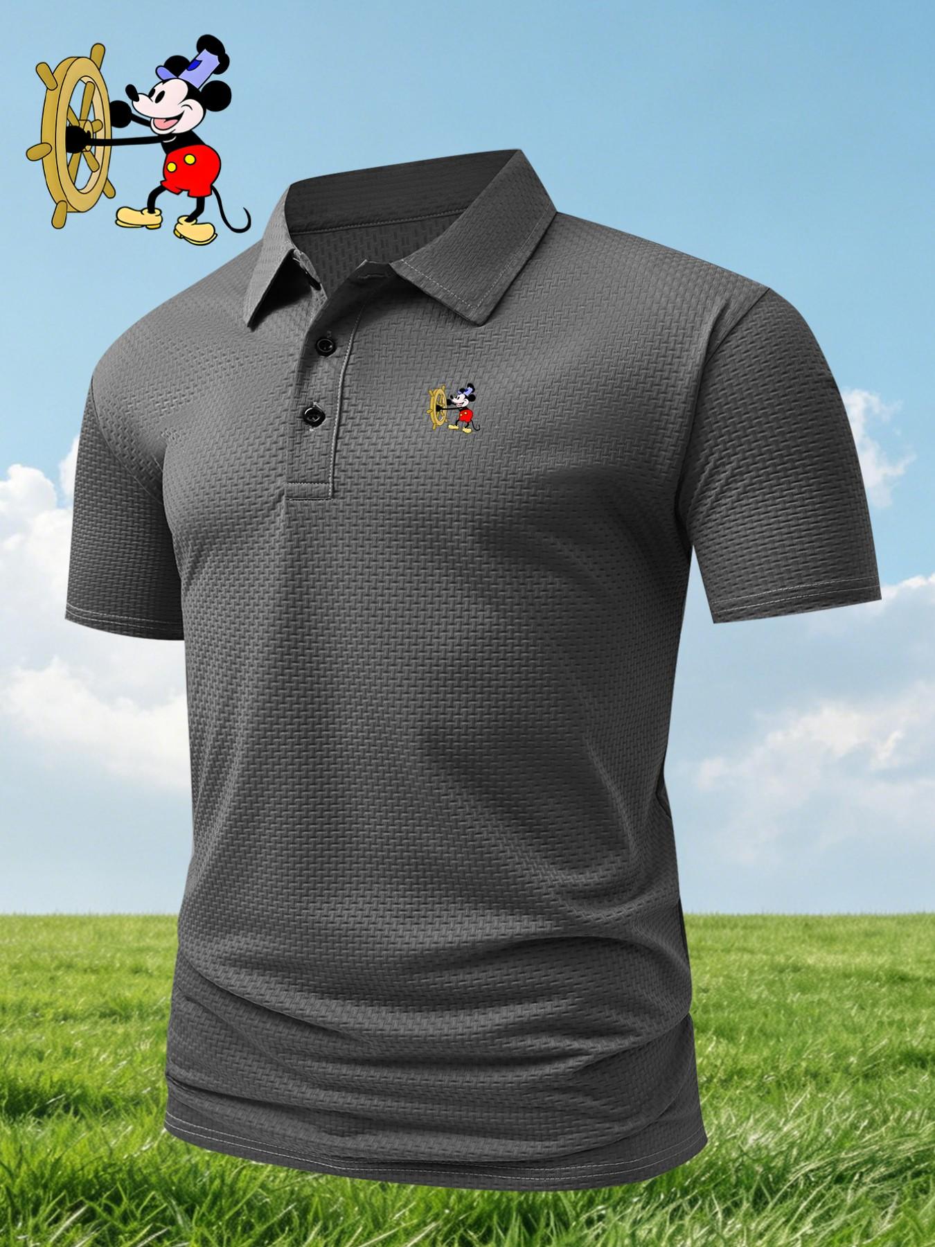 Men's Mickey Mouse Print Polo Shirt, Fitted Casual Geometric Pattern, Breathable Stretch Fabric, All-Season Comfortable Wear