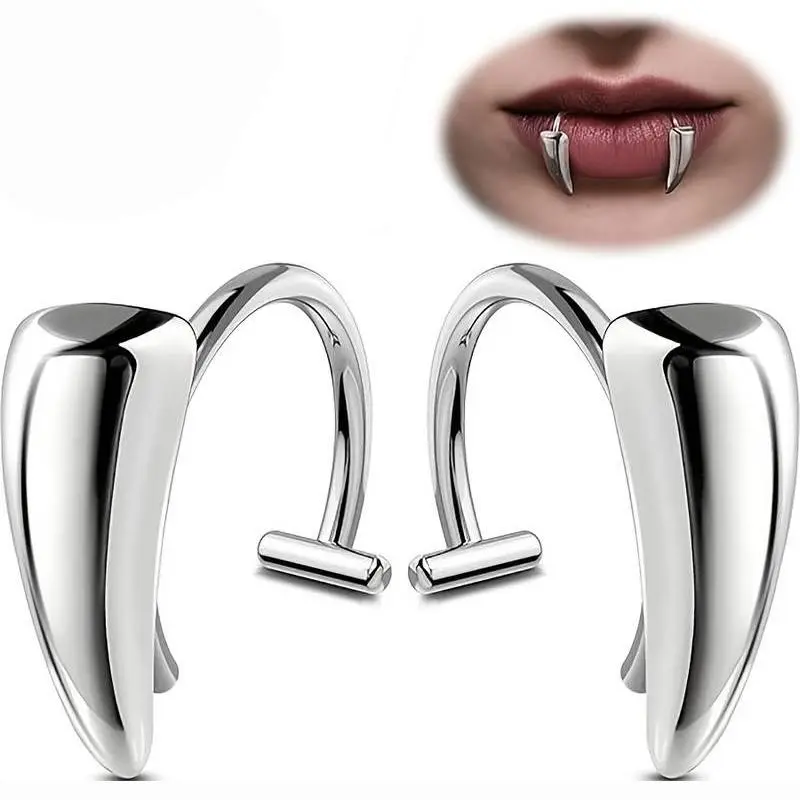 Unisex 2-Pack Stainless Steel Adjustable Fake Vampire Teeth Non-Pierced Snake Bite Lip Rings, Punk Goth Faux Lip Piercing Body Jewelry, Polished Costume Accessories for Halloween Cosplay