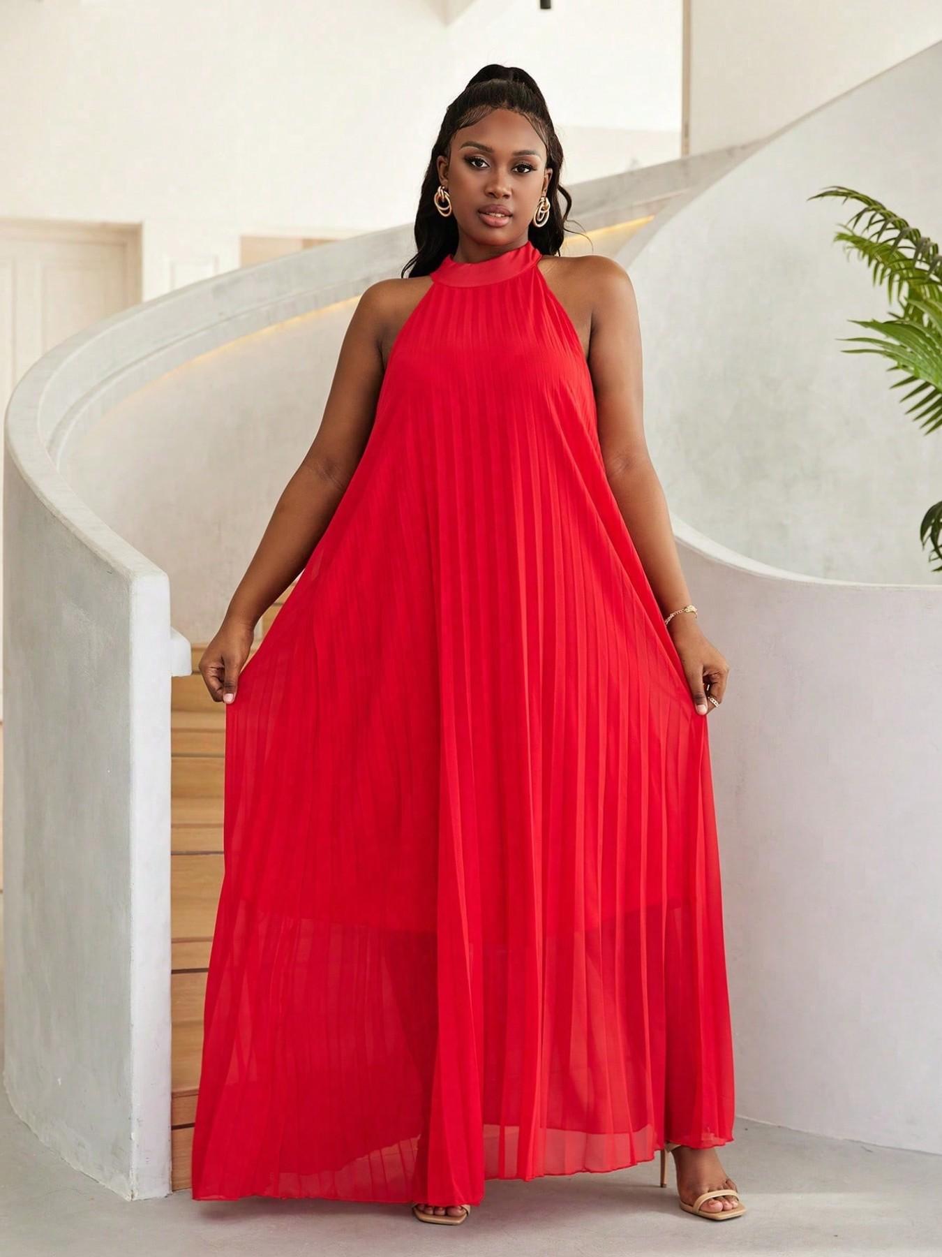 Women Plus Size Sleeveless Halter Neck Pleated Maxi Dress, Casual Loose Long Sundress for Party Vacation, Multi Color Options