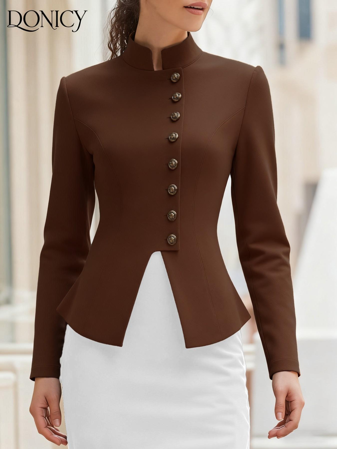 Women's Autumn Winter Solid Color Stand Collar Button Short Coat, Classic Retro Elegant British Style Outwear, Perfect for Casual Dates Business and Graduation