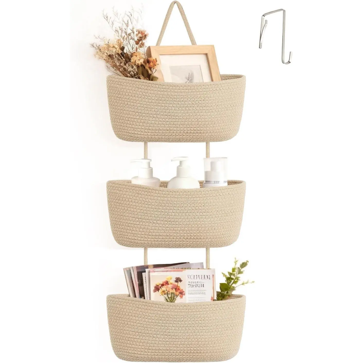 Over The Door Hanging Basket 3-Tier Woven Boho Wall Mounted Storage Organizer with Hooks for Bedroom Nursery Bathroom Apartments Dorm Pantry Decor, Jute