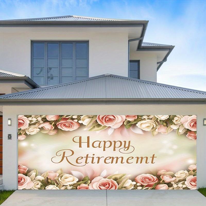 1pc Elegant Floral Retirement Party Banner - Polyester Backdrop with "Happy Retirement" Text, Pink and White Roses Design, Perfect for Home and Wall Decor, Room Decoration, Party Supplies, and Gifts, Retirement Party Decorations