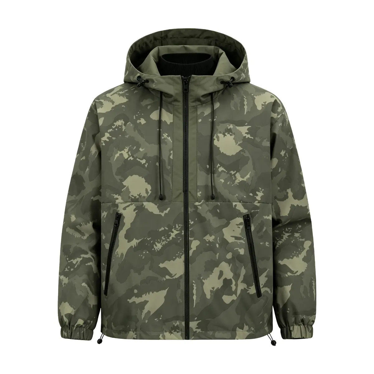 Men's Camouflage Print Pullover Hooded Coat - Menswear Medium Length Long Sleeve Top, Half-Zip Windproof Waterproof, Adjustable Drawstring Hood & Hem, Zippered Side Pockets, Elastic Cuffs, Loose Lightweight, Machine Wash Casual Streetwear Hiking, Coats