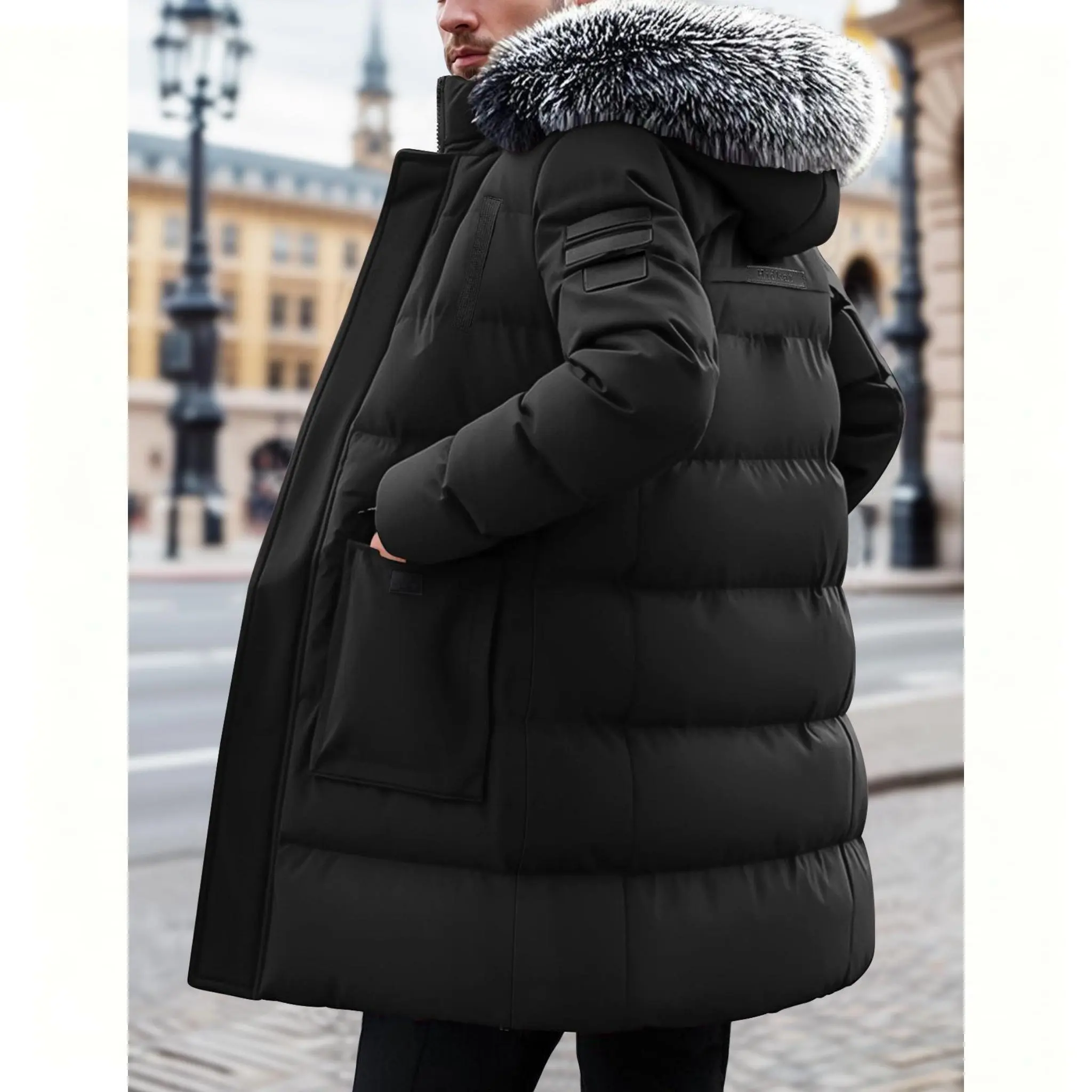 Men's Winter Heavy-duty Long Parka Coat, Thick and Warm Insulation, Detachable Faux Fur Hood Pocket with Large Pocket, Suitable for Skiing and Commuting