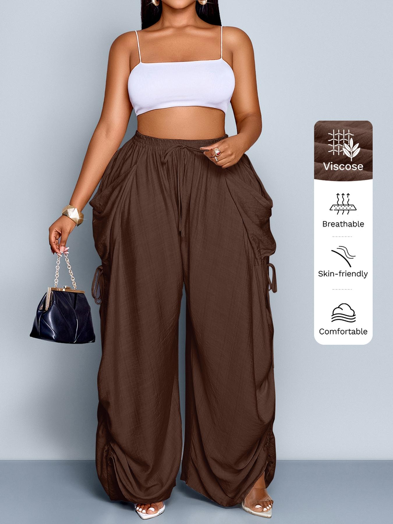 Women's Casual Loose-Fit Wide Leg High Waist Pants, Bottom, All-Season Woven Fabric, Long Plain Design, Daily Commute & Vacation Wear