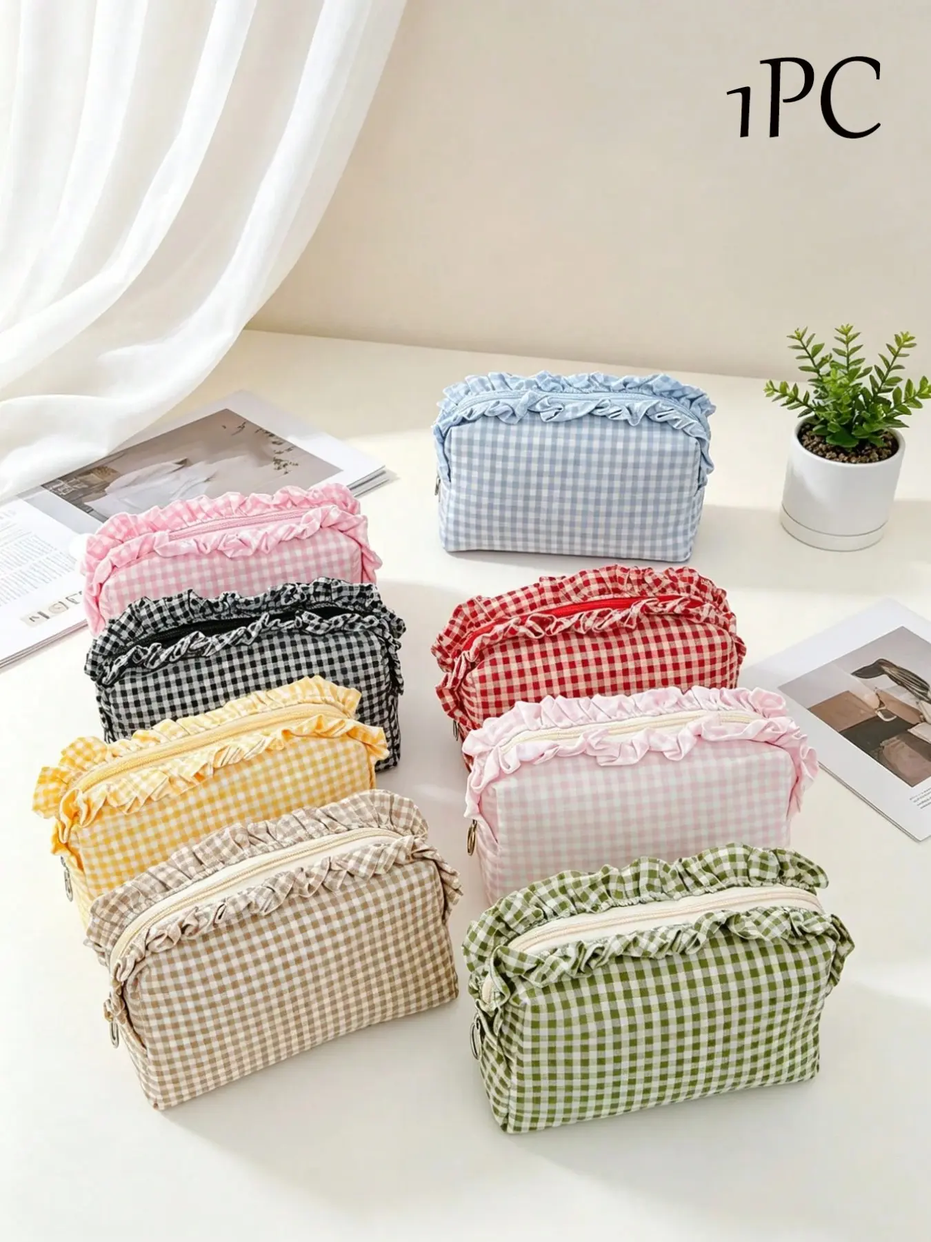 Plaid Print Makeup Bag, Ruffle Design, Large Capacity Brush Organizer, Travel Makeup Storage, Women's Zipper Toothbrush Case, Cosmetic Bags
