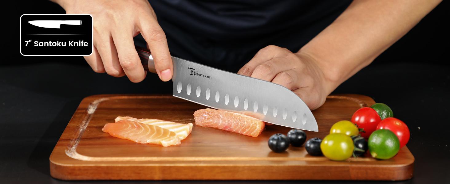 【DealsForYouDays】 SYOKAMI Knife Set 7 Piece Japanese Style Kitchen Knife Set With Foldable Magnetic Acacia Wood Block Sharp High Carbon Stainless Steel Knives Set for Kitchen with Anti-slip Ergonomic Handle, Mother's Day Gift Cutting