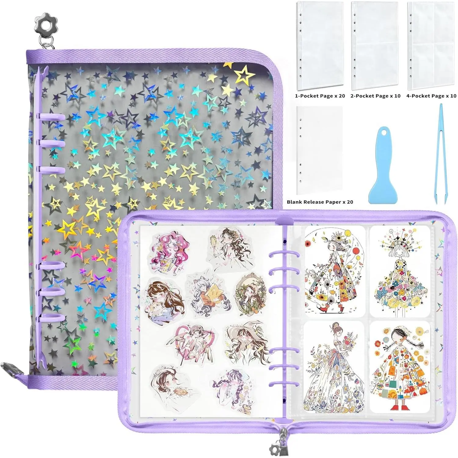 Sticker Storage Organizer, Sticker Organizer Binder Reusable Sticker Book Collecting Album A5 Sticker Collecting Book Sticker Album Holder with Blank Release Paper, Tweezer & Spatula(Purple)