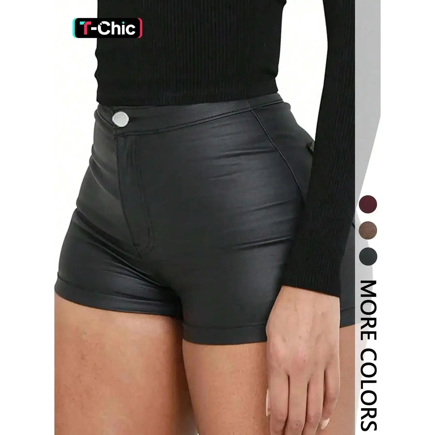 Women's High-Waist Plain Fitted PU Leather Bermuda Bottoms - Button Closure, Minimalist Casual Shorts for Sports, Outdoor Activities