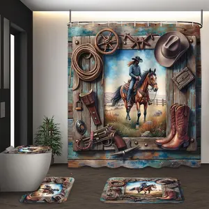 LVRLVR 4Pcs Cowboy Horse Western Gear Print Rustic Western Multi-Color Shower Curtain Set 70.8×70.8 Inch