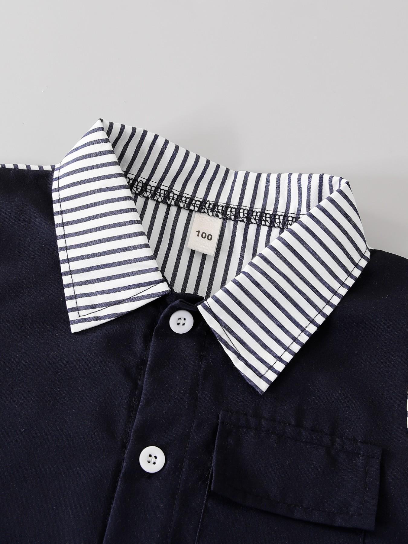 Boys' Summer New Set, Button Front Collar Shirt Short Sleeve Fake Two-Piece Design, Navy and Stripes, Breathable Shorts, 2 Pieces