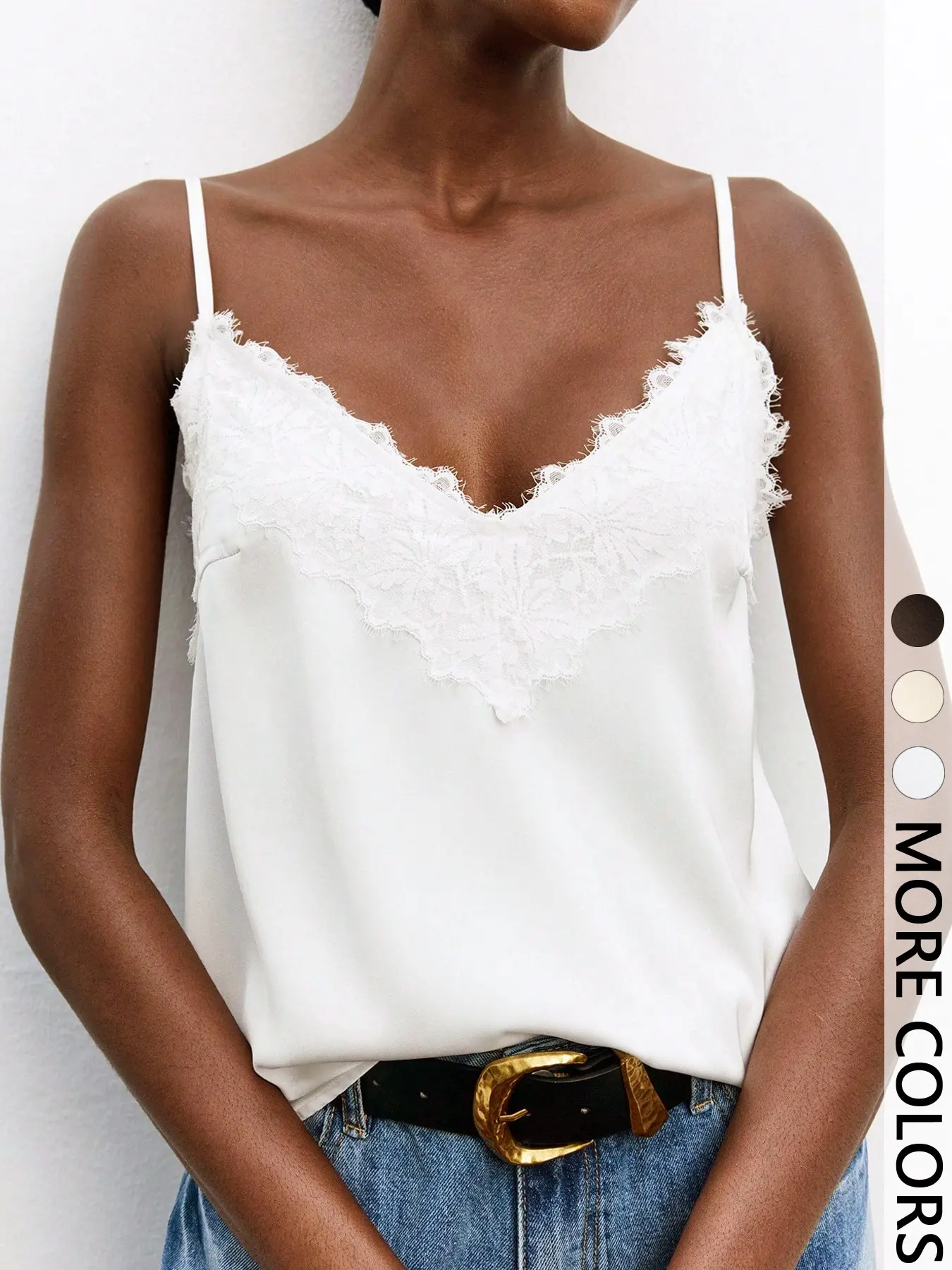 Women's Floral Lace Trim Satin Cami Top, V-Neck Thin Strap Low Back Design, Elegant Chic Summer Fashion, Perfect for Casual Wear