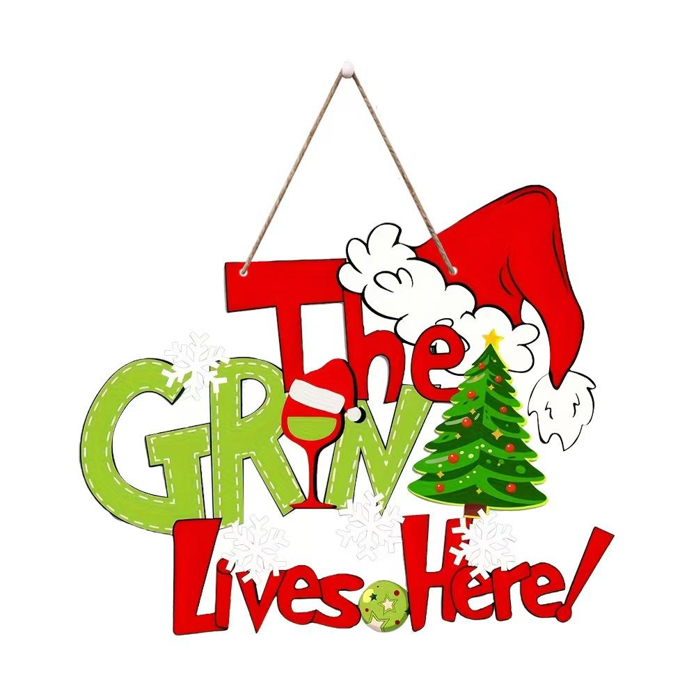 Christmas Theme Hanging Decoration Sign, 'the Grin Lives Here!'Colorful Text, Includes Christmas Hat, Tree, Snowflakes, Home Wall Door Decor