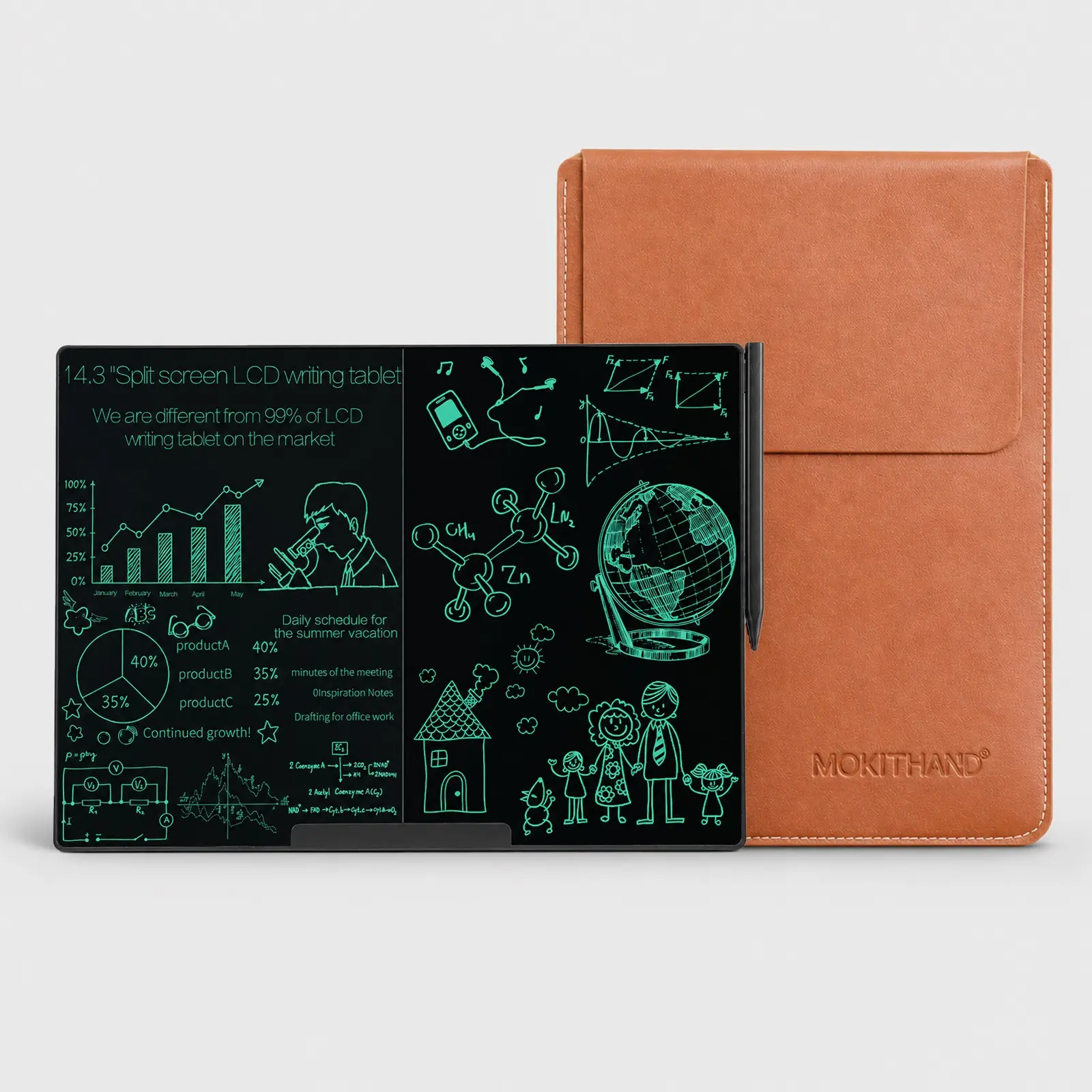 14.3 Inch Rechargeable LCD Writing Tablet With Split-Screen, Bezel-Free, Ultra-Slim, Portable for Notes Drawing Doodling, Reusable Digital Notepad With Leather Case, Idea for Christmas, Halloween and New Year Gifts