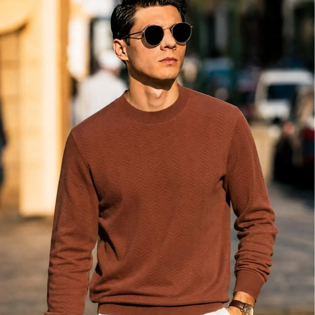 Boveme Men's 100% Merino Wool Crewneck Pullover Sweater - Menswear Knitwear Clothes, Lightweight Textured Knit, Soft Breathable Longsleeve Casual Wear Layer Top