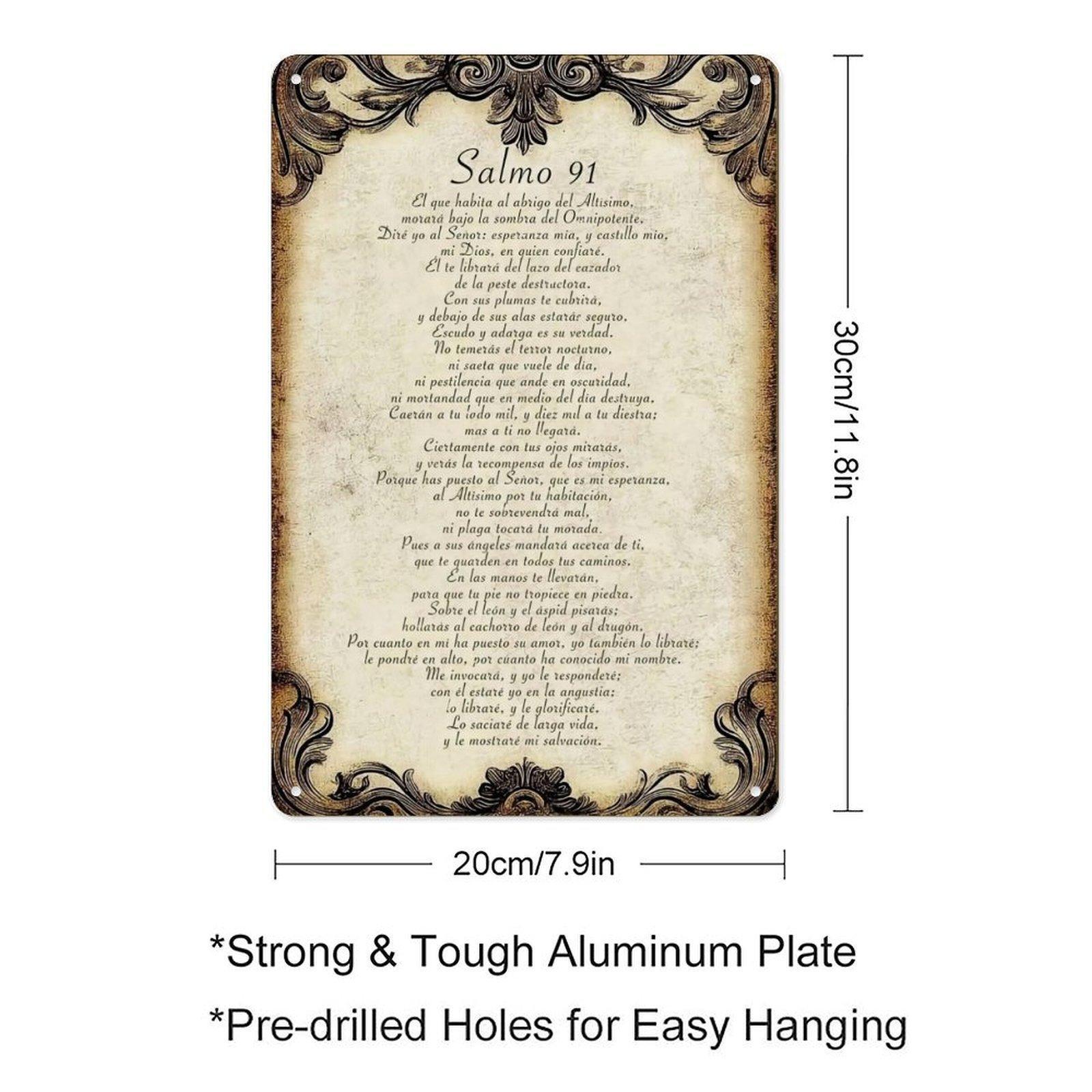 2D Flat 1pc  8*12 in 'Salmo 91’ Vintage Metal Sign| Spanish Psalm Wall Decor for Christian Homes & Spiritual Spaces