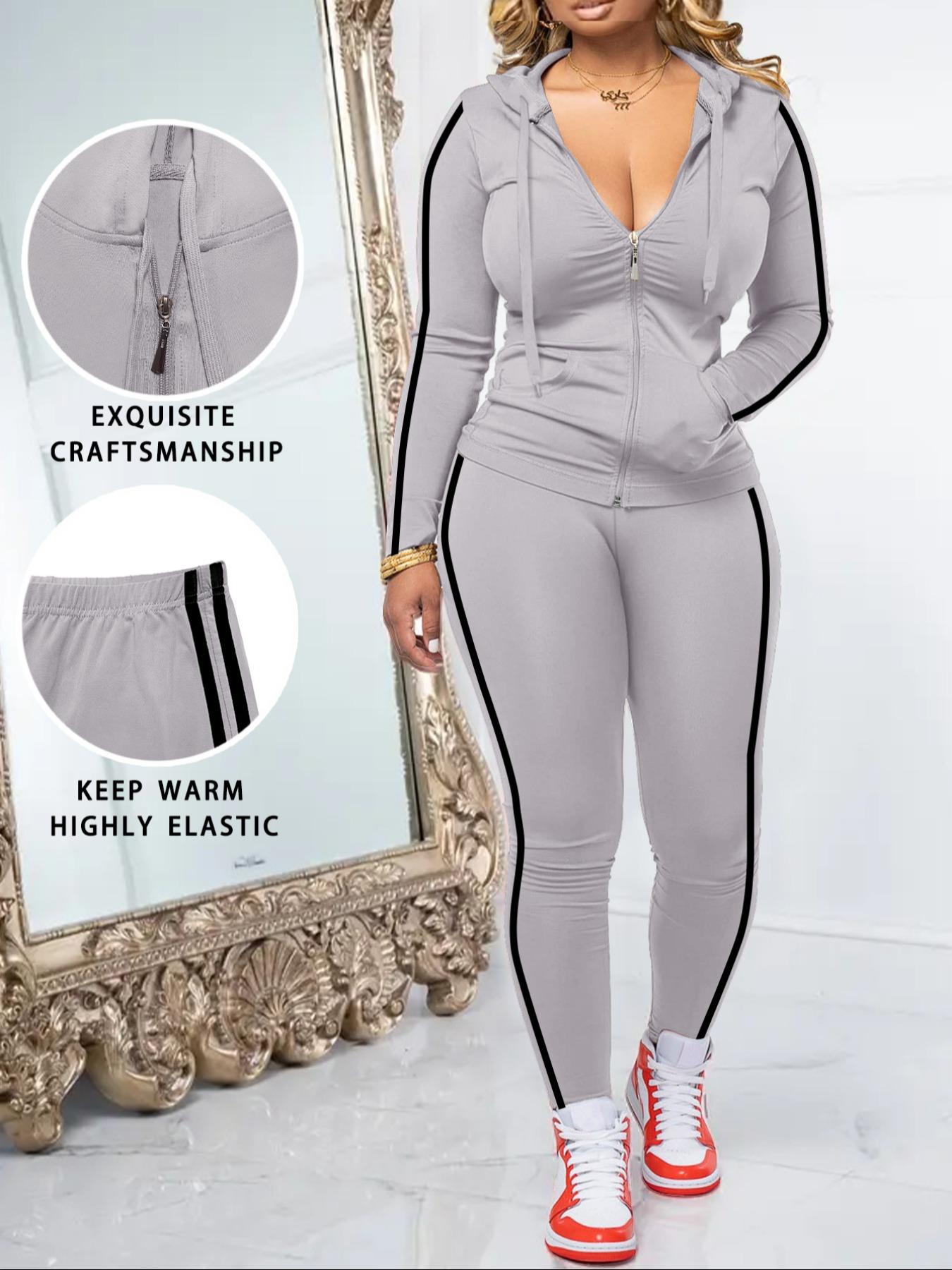 Women's Fall Zipper Hoodie and Skinny Pants Outfit Set, Casual Long Sleeve Pullover with Pocket Design, Two-Piece for Daily Wear